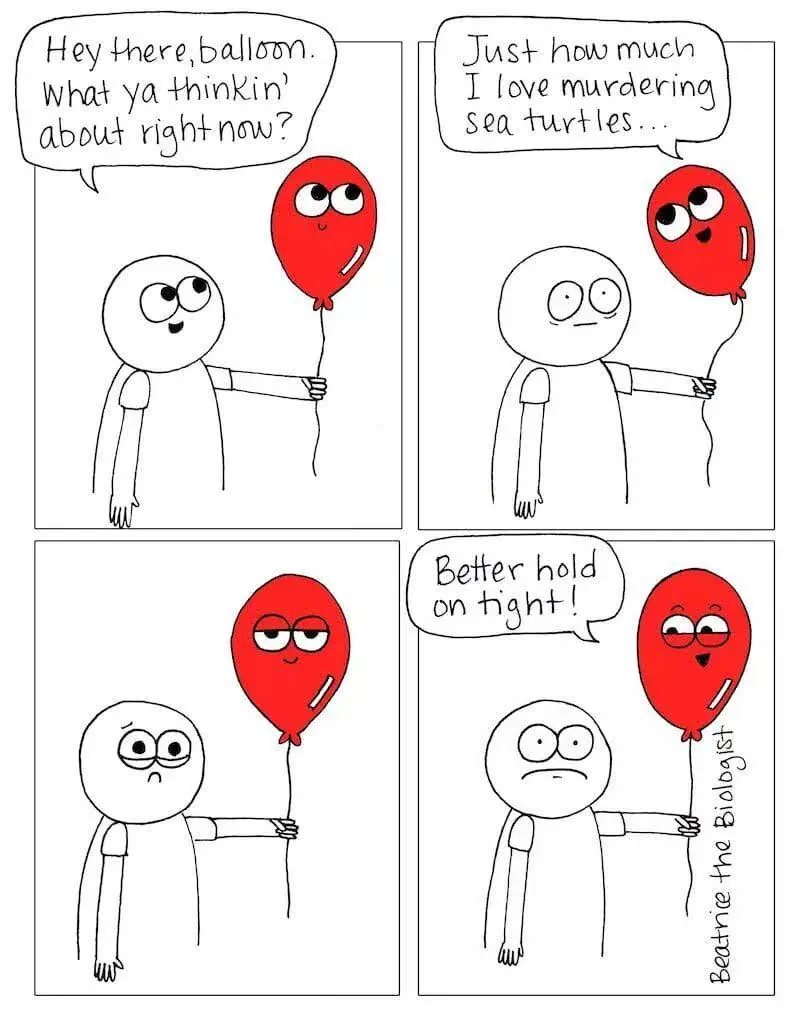 A four-panel comic strip shows a person holding a red balloon with cartoon eyes. In the first panel, the person asks the…