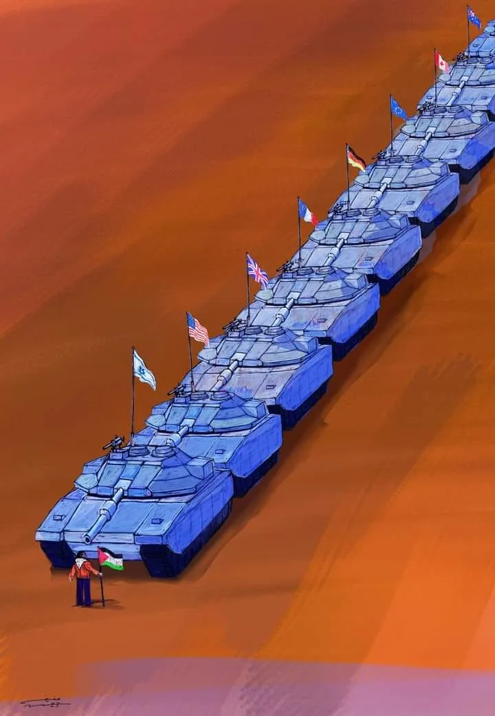 a lone figure holding a palestinian flag stands before a long line of blue tanks, each bearing the flag of a different…