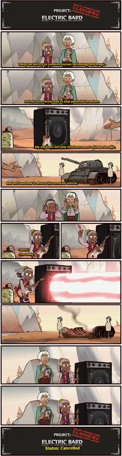 A comic strip titled 'Project: Classified Electric Bard' shows two characters in a desert canyon setting. They plan to use…