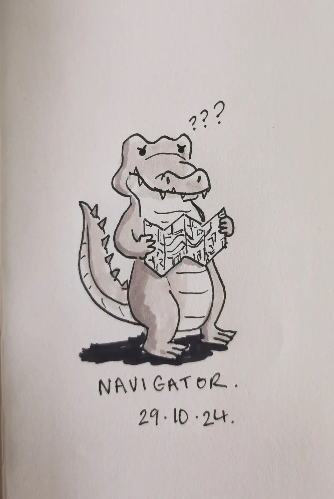 A hand-drawn cartoon alligator stands upright, holding a crumpled map with a confused expression, three question marks float…