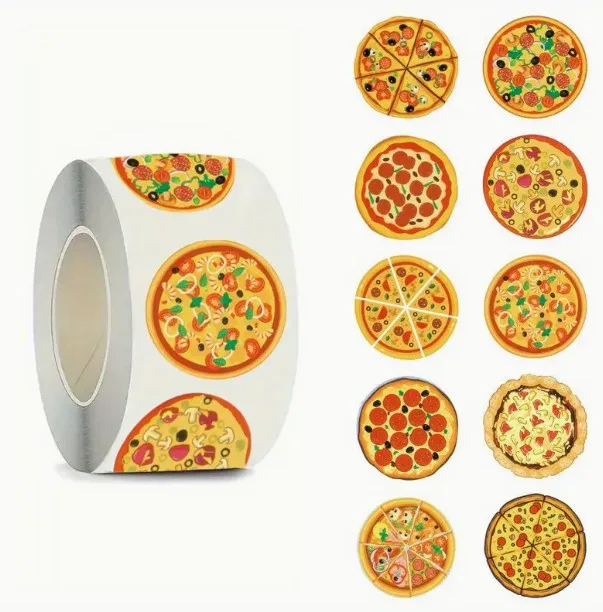 A roll of adhesive stickers featuring cartoon-style pizza illustrations, with ten individual pizza designs displayed to the…