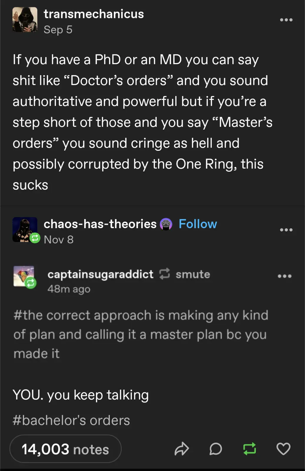 A screenshot of a Tumblr post showing a user's comment about how 'Doctor's orders' sounds authoritative while 'Master's…