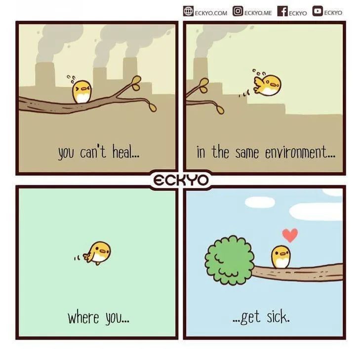 A four-panel comic shows a small yellow bird perched on a branch. In the first panel, the bird is in a polluted city with…