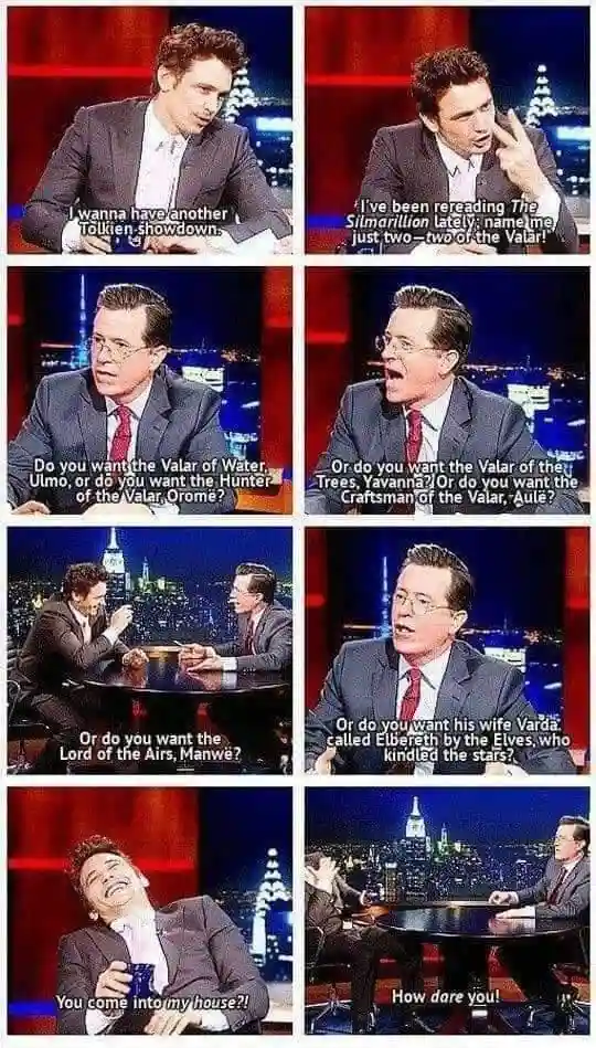 A six-panel meme collage from a late-night talk show featuring actor Richard Armitage and host Stephen Colbert. Armitage…