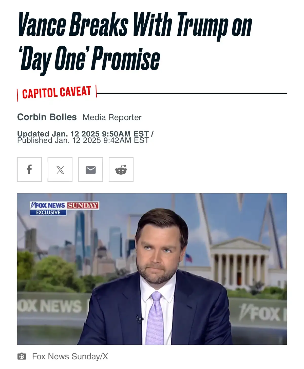 A screenshot of a Fox News article titled 'Vance Breaks With Trump on 'Day One' Promise' with a red 'CAPITOL CAVEAT' banner…
