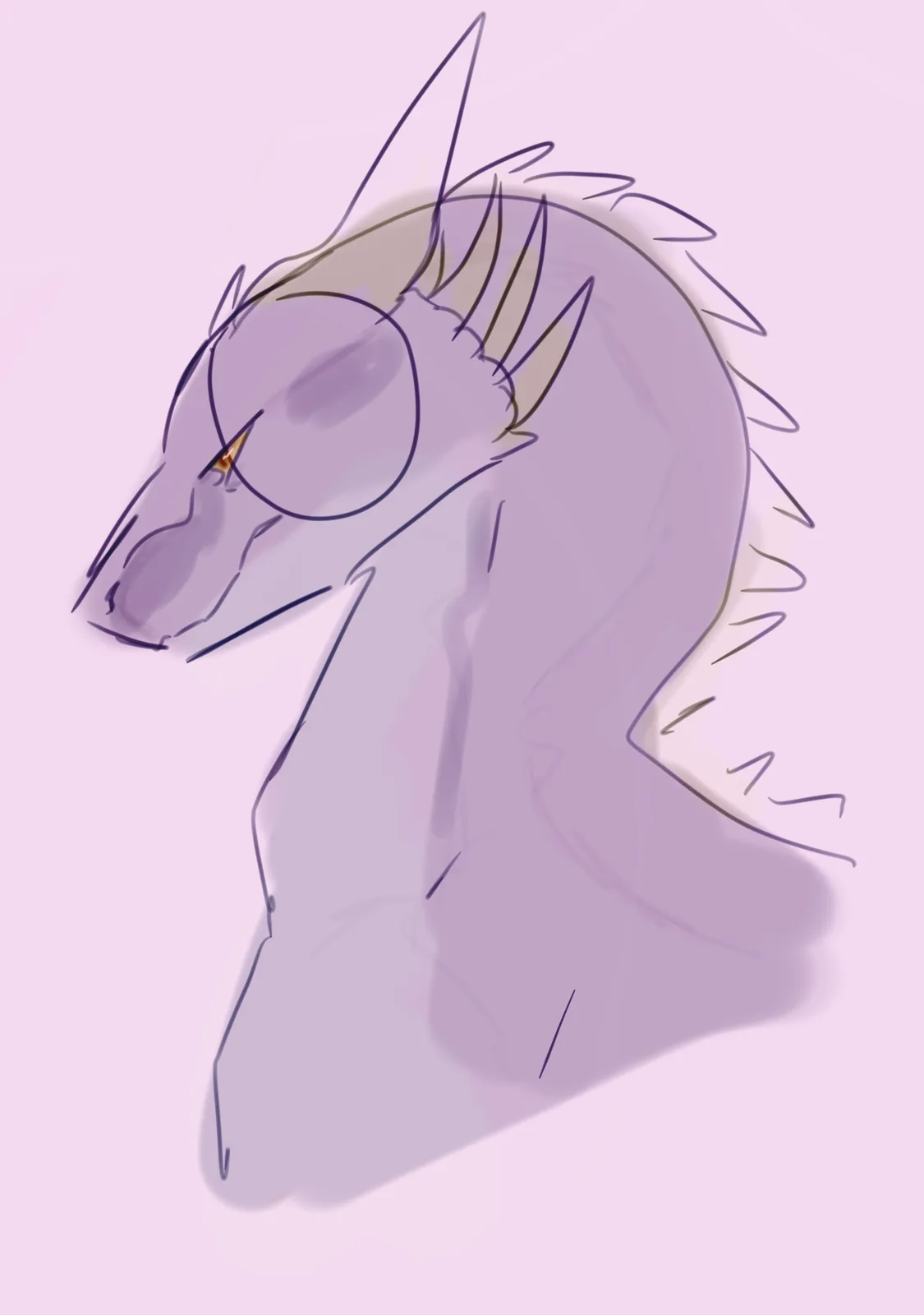 A simple digital drawing of a stylized purple dragon head with spiky mane, one eye half-closed in a sleepy or unbothered…