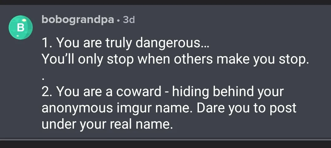 A screenshot of a Reddit comment by user 'bobograndpa' posted 3 days ago, displaying two numbered accusations: the first…
