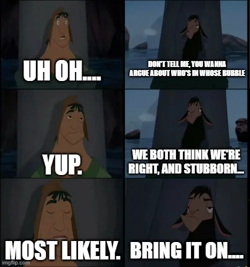 A four-panel meme featuring two animated characters, one with a surprised expression and the other smirking, reacting to a…