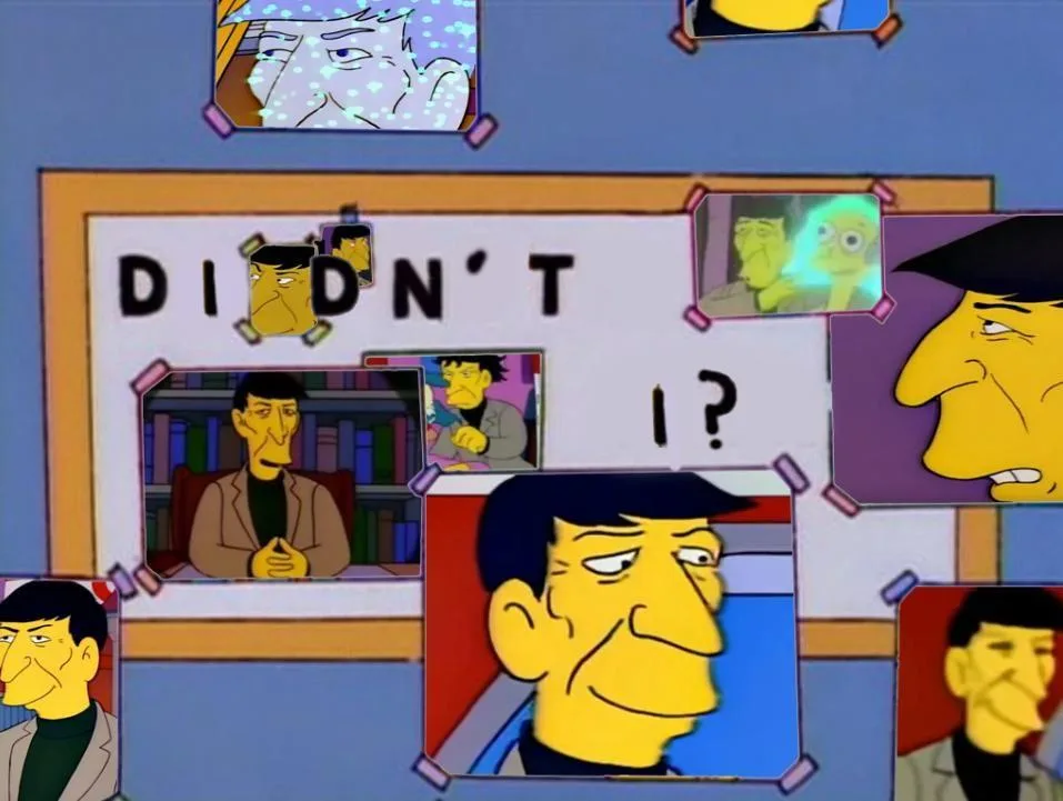 A collage of multiple cartoon images of the character Spock from Star Trek, arranged around a whiteboard that reads 'DIDN'T…