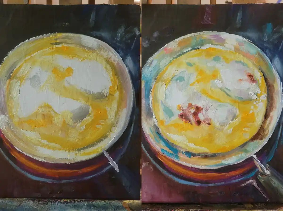 Two side-by-side oil paintings show a bowl of soup; the left panel is a minimalist yellow and white abstract, while the…