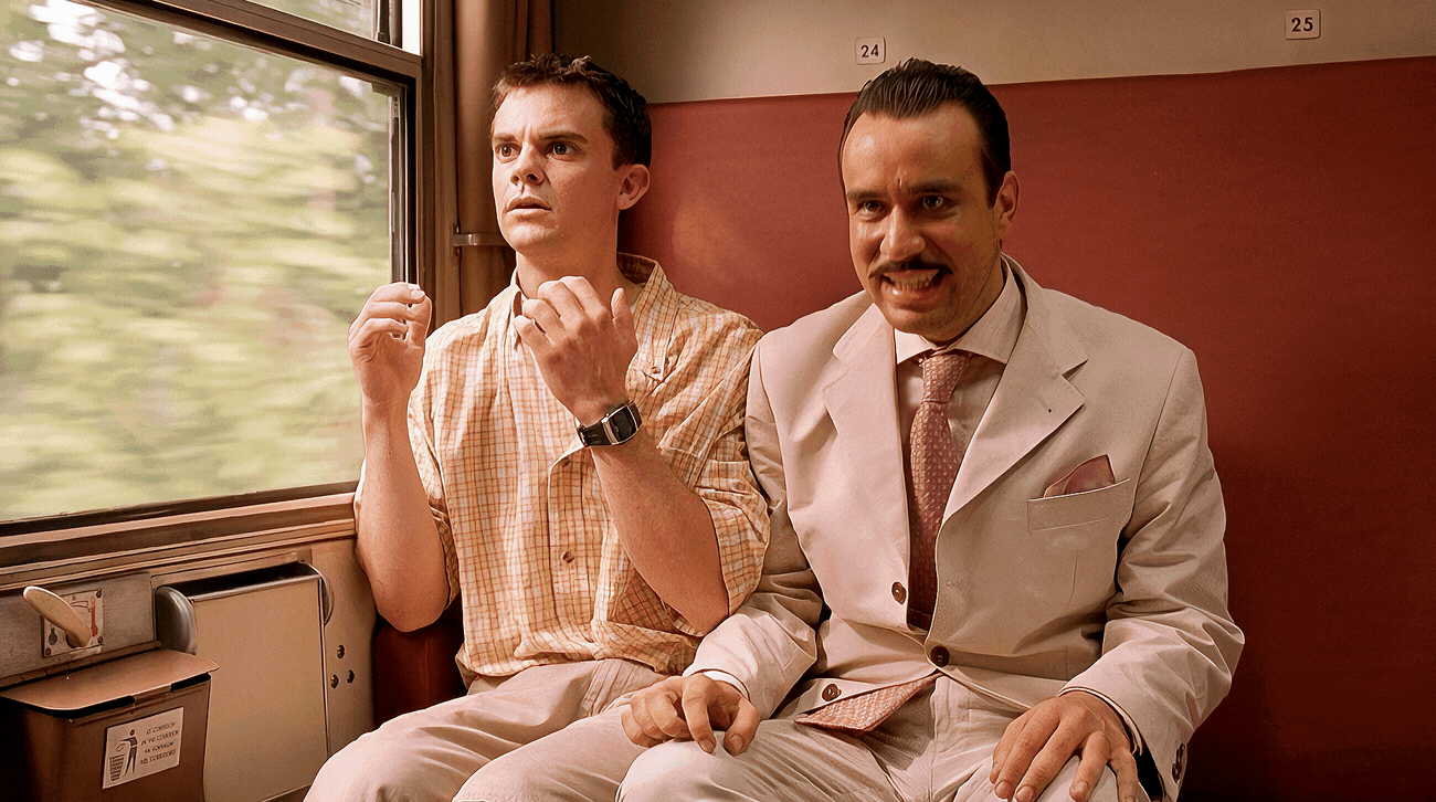 The image is a six-panel meme showing two men on a train. The first two panels show one man in a suit smiling while the…