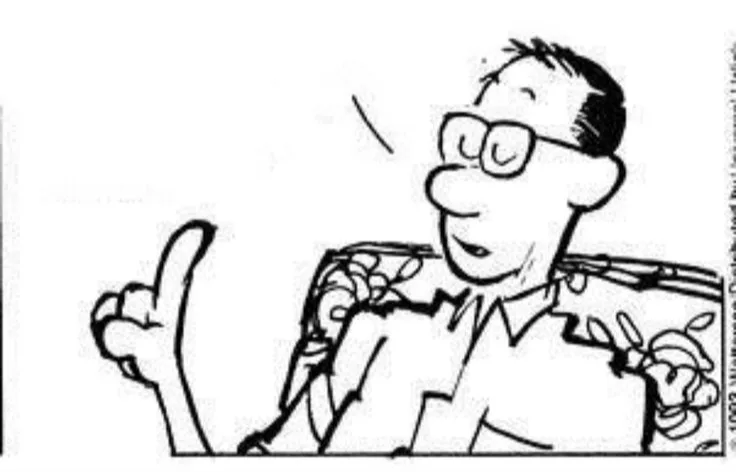 a black and white cartoon drawing of a man with glasses sitting in a floral-patterned chair, giving a thumbs-down gesture…