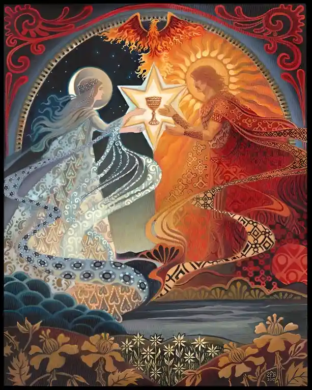 a stylized painting depicts two robed figures, one in cool blue tones and one in warm reds, reaching toward a glowing star…