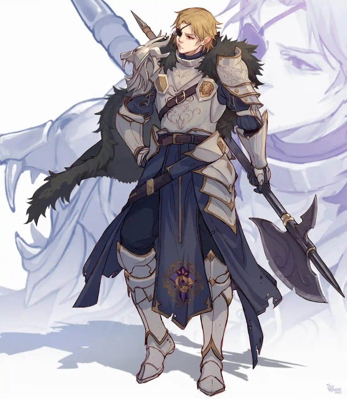 An anime-style illustration of a male warrior with blonde hair, an eyepatch, and ornate silver armor with a dark fur collar…