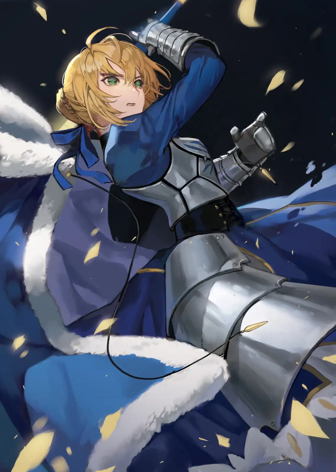 An anime-style illustration of a blonde-haired, green-eyed knight in blue and silver armor, holding a sword aloft against a…