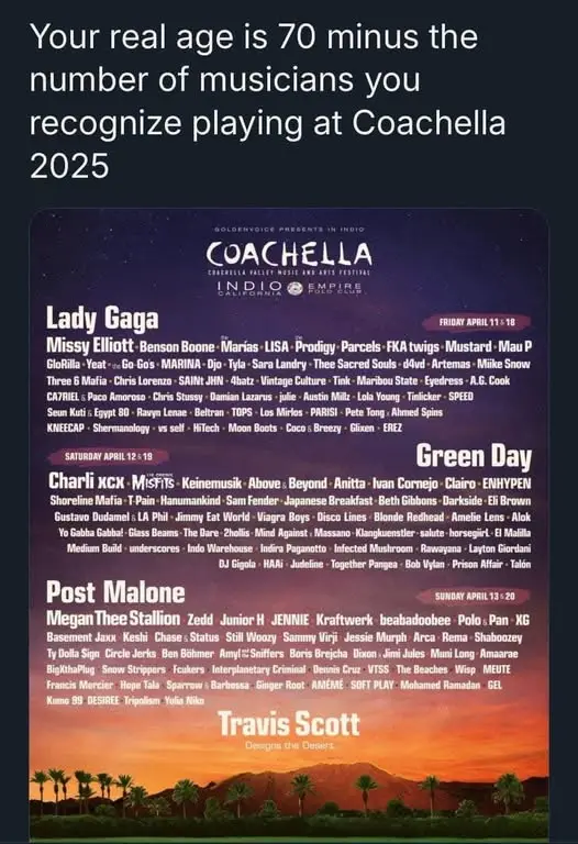 A Coachella 2025 festival lineup poster with a starry sky and desert sunset background, listing artists by day. Overlaid…