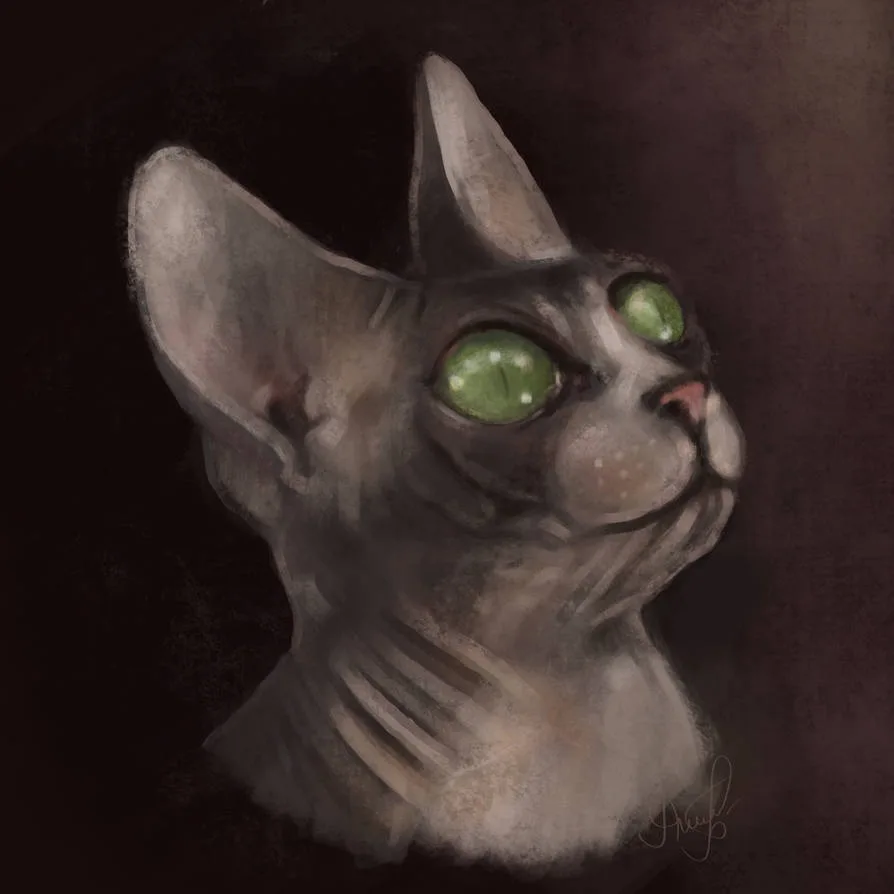 A digital painting of a hairless cat with large, glowing green eyes looking upward against a dark background. The cat has a…