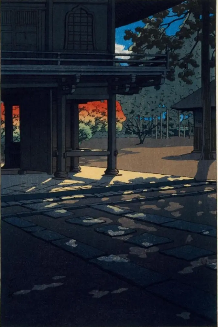 A vintage Japanese woodblock print depicts a serene, shadow-dappled courtyard with traditional architecture and autumn…