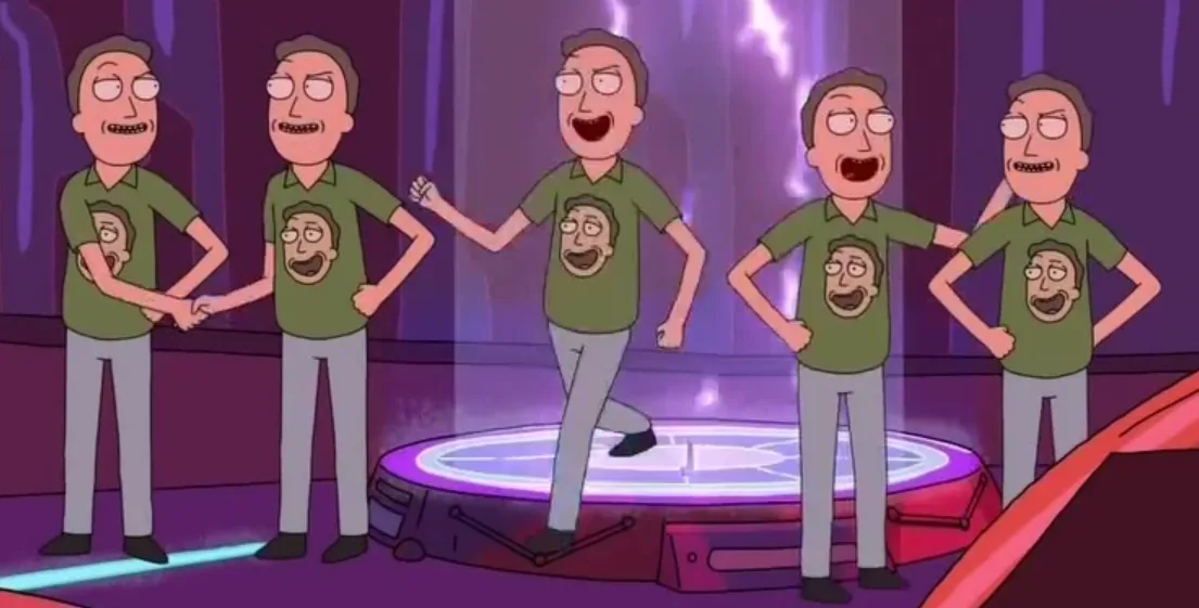 five identical cartoon men in green shirts with their own face printed on the front stand in a row on a glowing stage. The…
