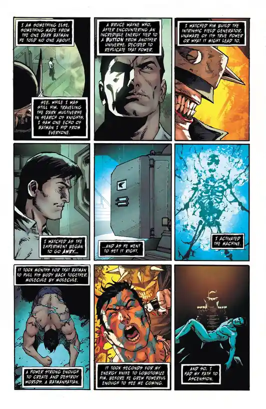 A comic book page from 'Batman: The Dark Multiverse' showing a character explaining how they became a new Batman after…