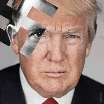 six panels show donald trump's face with swastikas superimposed over different parts of his face, including his eyes, nose…