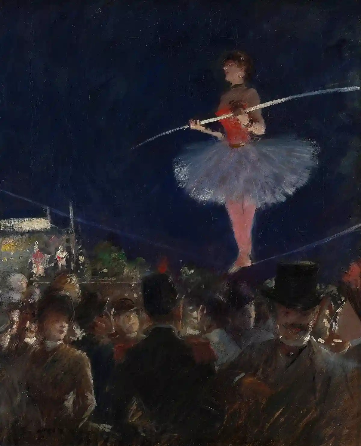 An oil painting depicts a ballerina in a red bodice and light blue tutu standing on a tightrope, holding a sword…