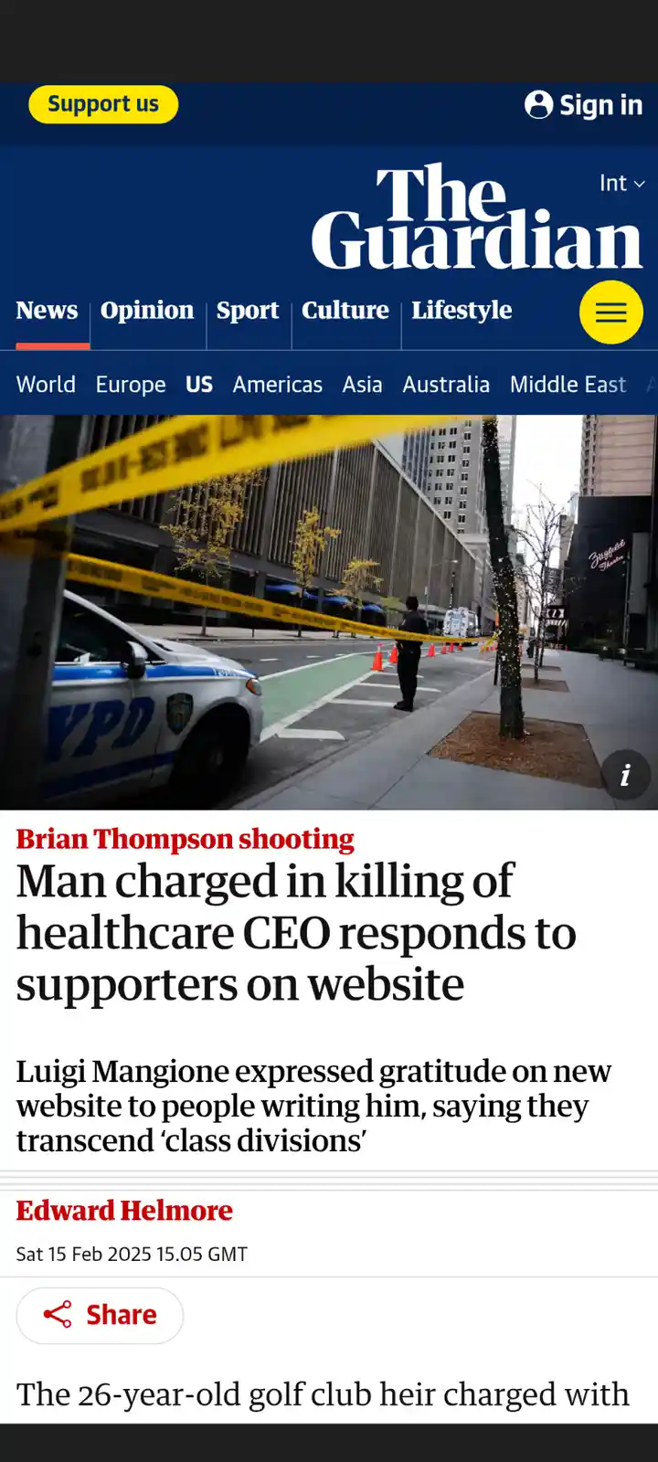 A screenshot of The Guardian's news article about Luigi Mangione, the man charged in the killing of Brian Thompson, showing…