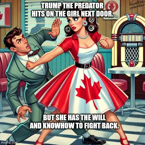 A vintage-style illustration depicts a man in a suit recoiling from a woman in a red, white, and blue dress with a large…