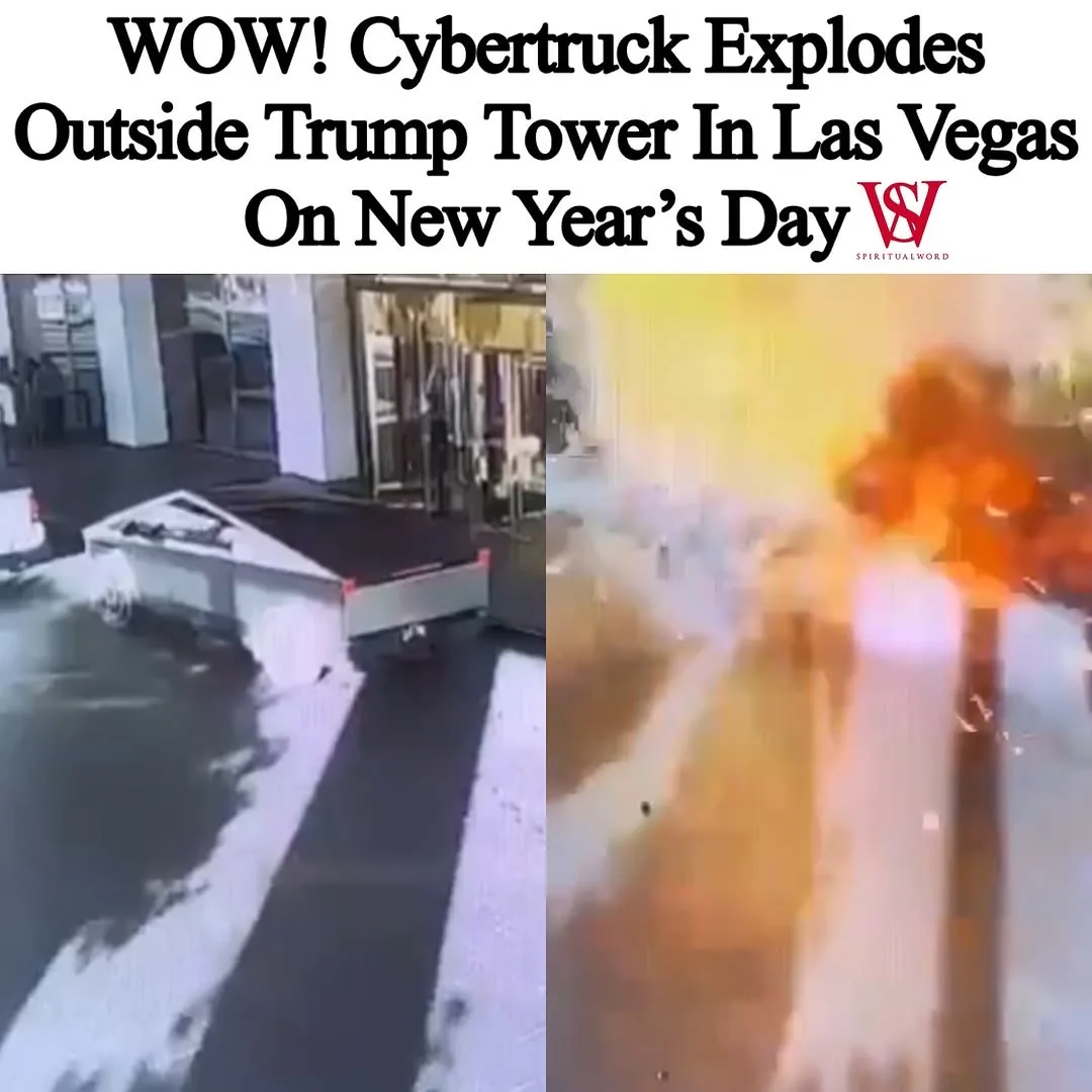 The image is a split-screen showing a white Cybertruck parked outside a building on the left, and a fiery explosion on the…