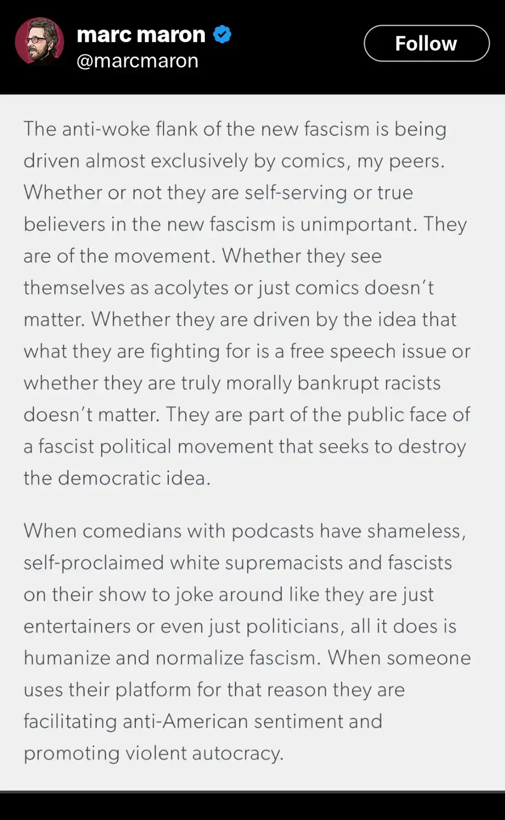 A screenshot of a tweet from Marc Maron, showing his profile picture and handle, with a long text post discussing how comics…