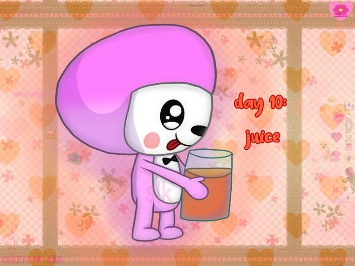 A cartoon character with a large purple mushroom-like head and pink cheeks holds a glass of orange juice. The background is…