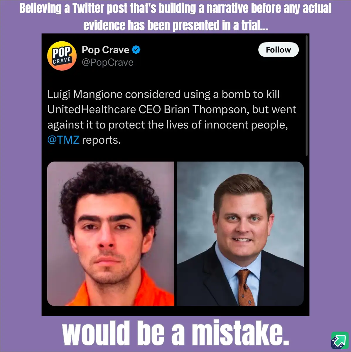 The image displays a Twitter post from 'Pop Crave' featuring two side-by-side photos: a mugshot of Luigi Mangione in an…