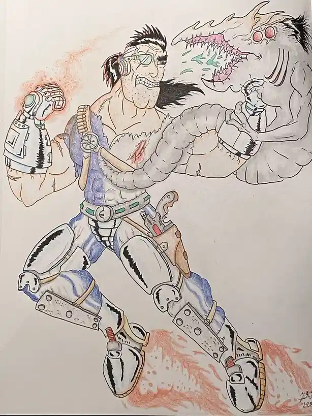 A hand-drawn illustration shows a muscular, cybernetically enhanced man with a scarred chest, wearing goggles and armor…