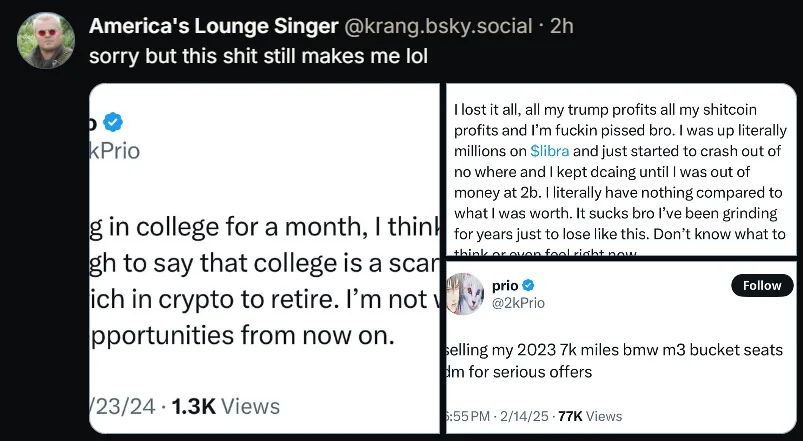 The image displays a screenshot of a Twitter thread where a user named 'prio' shares a story about losing all their crypto…