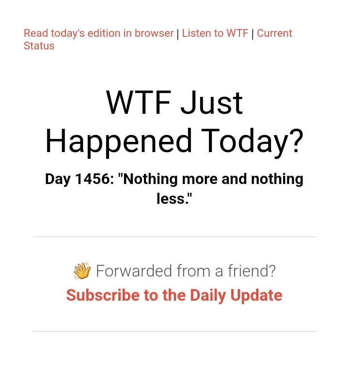 A screenshot of a 'WTF Just Happened Today?' newsletter page, showing the title, day count (1456), and the quote 'Nothing…