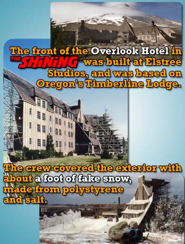 This image displays three photos: the completed Overlook Hotel from 'The Shining,' the same hotel under construction at…