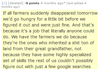 A screenshot of a Reddit comment with a downvote count and timestamp, overlaid with a block of text that sarcastically…
