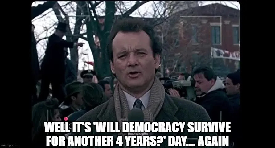 A still image of actor Bill Murray in a scene from the movie 'Groundhog Day,' where he is speaking into a microphone while…