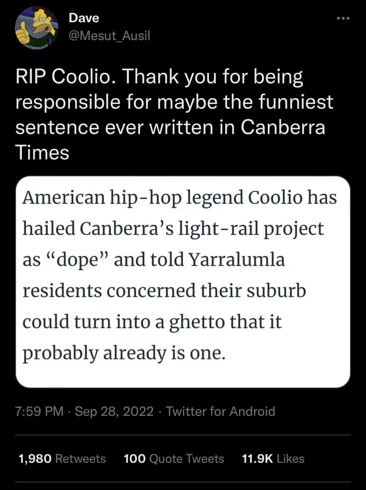 A screenshot of a tweet by Dave (@Mesut_Ausil) mourning rapper Coolio, praising him for a satirical news quote that claims…