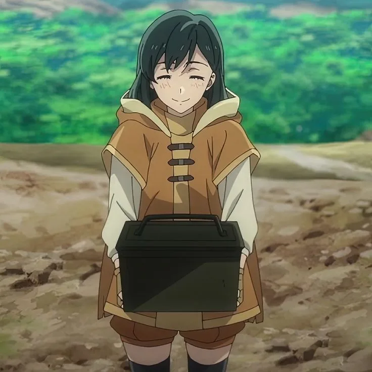 An anime girl with dark hair and a brown hooded outfit stands outdoors holding a black rectangular box. She has a gentle…