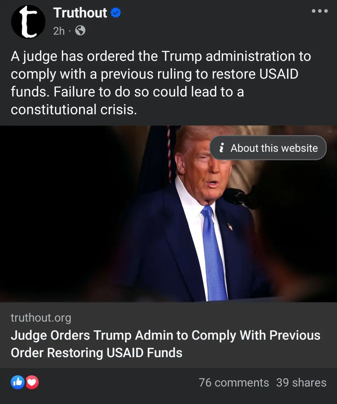 A screenshot of a Truthout Facebook post showing a photo of Donald Trump speaking at a podium. The post's text states a…