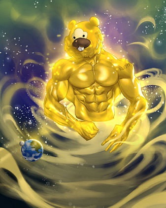 A cartoon bear with a muscular, golden, god-like physique floats amidst swirling cosmic clouds and stars, with a small…