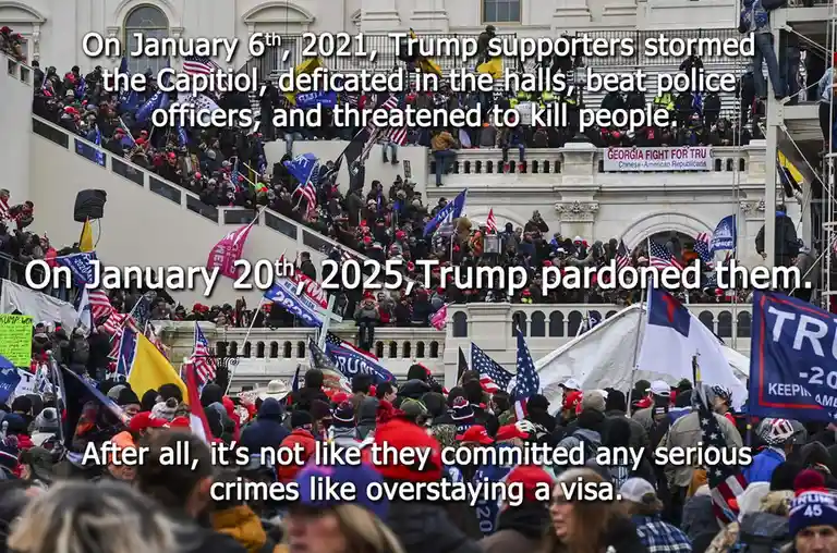 The image shows a large crowd of people, many wearing red hats and holding American flags and 'TRUMP 2020' signs, gathered…