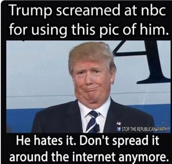 The image shows Donald Trump with a smug, self-satisfied smirk, wearing a dark suit and tie, standing in front of a backdrop…