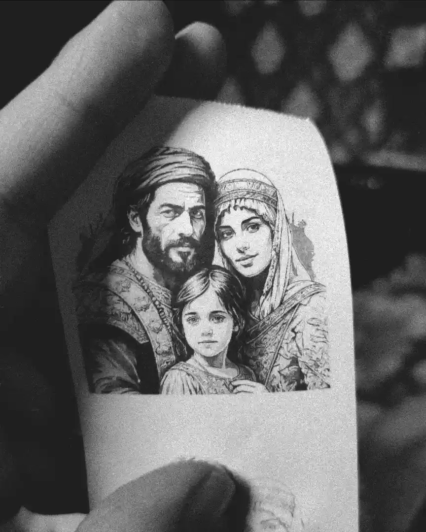 A hand holds a black-and-white pencil drawing of a family portrait featuring a bearded man in a turban, a woman in a…