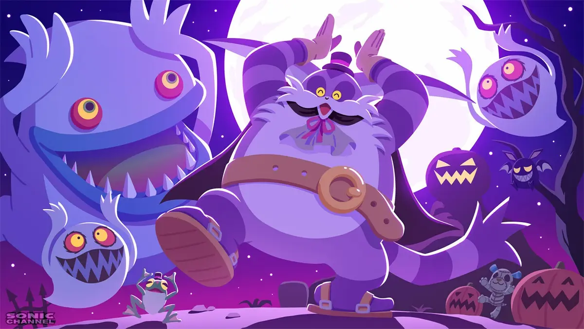A purple, mustachioed cat-like character in a top hat and cape stands triumphantly with arms raised, surrounded by various…