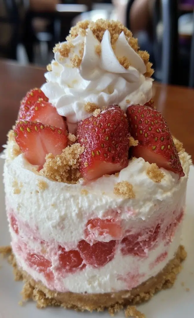 a close-up photo of a layered strawberry dessert with whipped cream, sliced strawberries, and crumbled cookie crust, topped…