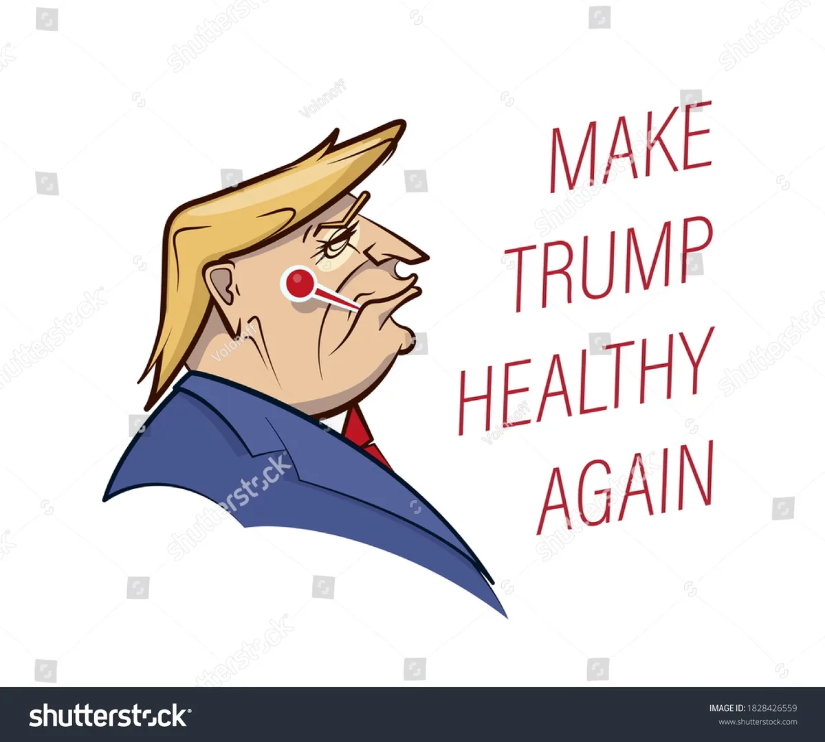 A cartoon illustration of Donald Trump in profile, wearing a blue suit and red tie, with a red thermometer stuck in his…