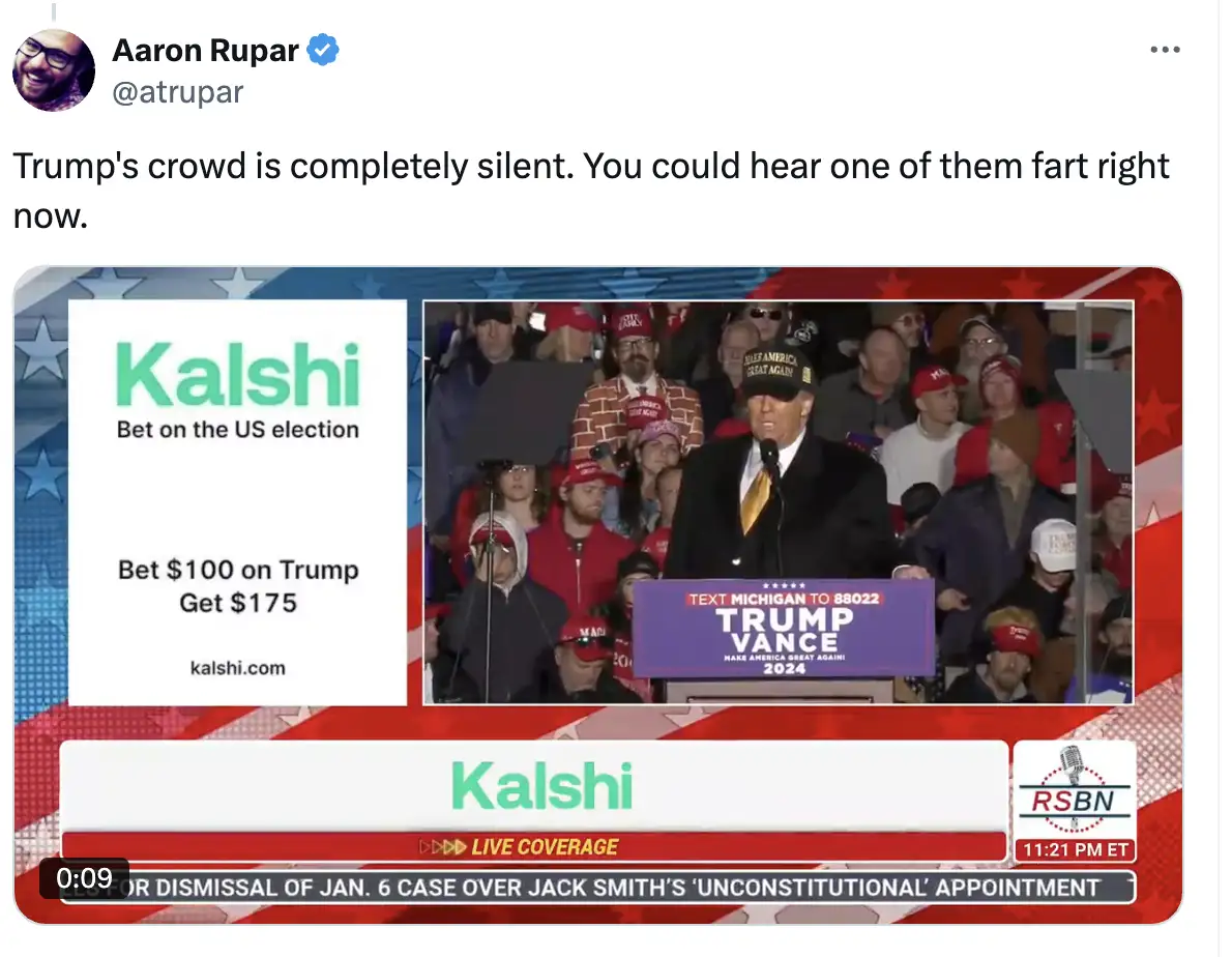 A screenshot of a Twitter post by Aaron Rupar showing a split-screen image. The left side displays an advertisement for…