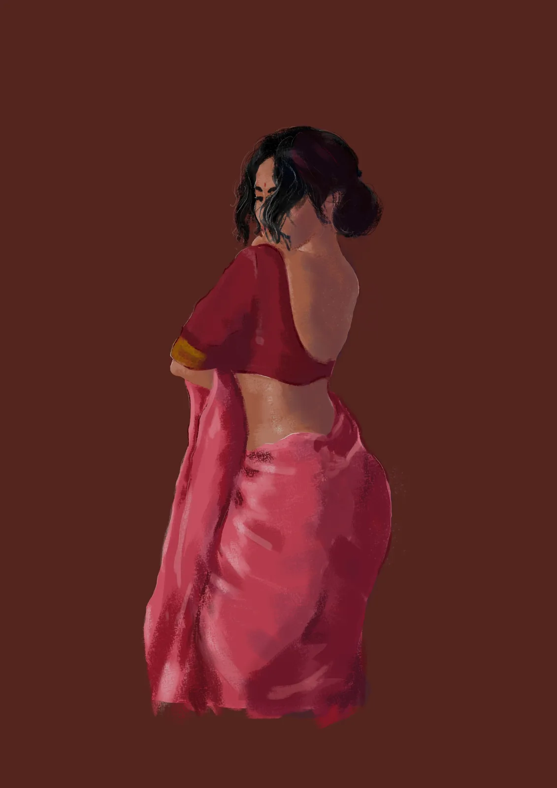 A digital painting shows a woman in profile, wearing a red blouse and pink sari, turned away with her back exposed. The…